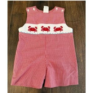 Southern sunshine 6 months Red Gingham Crab Romper smocked